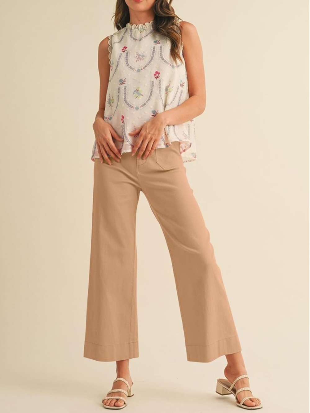 Miduo High Waisted Cropped Wide Leg Stretchy Straight Pants Trousers w/ Pockets